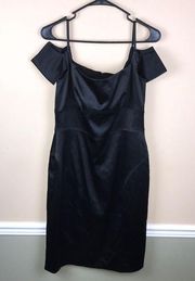 Adrianna Papell Boutique Women’s Satin Black Off the Shoulder Strap Sheath Dress