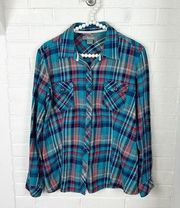 Natural Reflections Blue Teal Plaid Flannel Shirt Size L