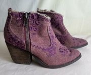 Naughty Monkey Heeled Ankle Boot Zip Up Floral Embroidered Canvas Purple 7.5