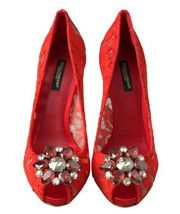 Dolce & Gabbana Red Taormina Lace Crystal Heels Pumps Shoes/EU38/ US7.5 Red NWT