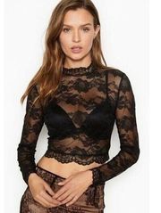 $79 Sz M Victoria Secret Lingerie Top Crop Long Sleeve Lace Up Back Allover Lace