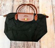 Longchamp  Le Pliage bag black with brown leather made‎ in France