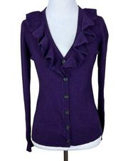 Lauren Ralph Lauren Sweater Womens Small Purple Cashmere Silk Ruffle Cardigan‎