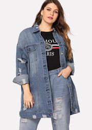 Plus Pocket Patched Ripped Denim Jacket