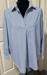 Magaschoni Blue and White Striped V-Neck Blouse