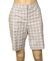 TOMMY BAHAMA khaki, beige and red plaid flat front Bermuda shorts in size 4. EUC