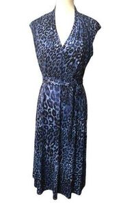 London Times faux wrap blue leopard print midi dress Size 8