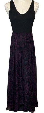 Silk Sleeveless Black Maxi Dress Scoop Neck Paisley Cut Out, sz 4