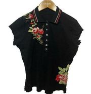 Johnny Was Avec Fleurs Floral Collared Top Cap Sleeves Fringed Style Size L