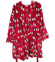 Vera Bradley Small Medium Robe Playful Penguins Red Mini Belted Fleece Lounge D