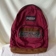 Vintage 90s Jansport Backpack Suede Leather Bottom Maroon Red Floral Unisex