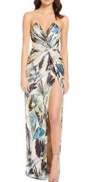 KATIE MAY Finn Leafy Column Gown in Teal Foliage XS