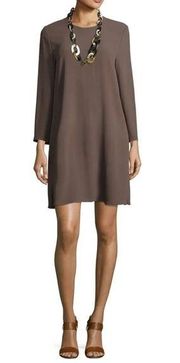 Eileen Fisher • Silk Georgette Crepe dress Round Neck Short shift Rye taupe mini