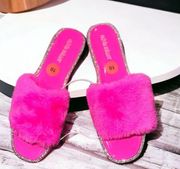 NEW Olivia Miller Faux Fur Bright Pink Rhinestone Studded Sandal