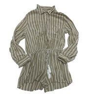 Elan Romper Womens Small Tan Green White Stripe Collared Tassel Tie Boho Pockets