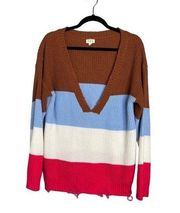 POL Oversized Deep V-Neck Sweater Striped Chunky Knit Disressed Neck and Hem S