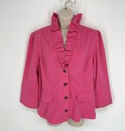 Live A Little NWT Women's Blazer Ruffle Neckline Size L Pink Faux Pockets