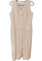 St John’s Bay Button Front Sleeveless V Neck Linen MIDI Dress Tan Beige 12