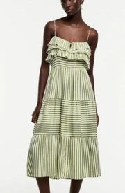 Zara | Green and White Striped Ruffle Tiered Sleeveless Dress Size Small