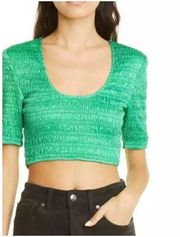 Ganni Women's Green Satin Smocked Short Sleeve Crop Top 38 M NWOT