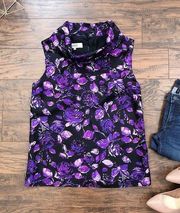 Tibi • silk blouse black & purple rose print tank top roll collar floral