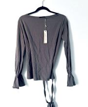 Mustard Seed Top Gray Small Blouse Open Cut Out Back Ruffle Boho Long Sleeve