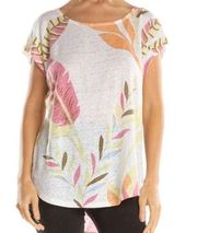 Cynthia Rowley Linen Top Shirt Women Size M White Pink Leaf Print Sleeveless