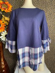 NWT  Denim/Navy Orchid Plaid 3/4 Tie Sleeve 2-Tone Top | SMALL |