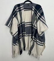 Forever 21 Oversized Blue White Plaid Shawl Poncho Wrap One Size