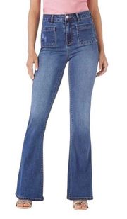 High Rise Button Fly Patch Pocket Blue Medium Denim Wash Flare Jeans