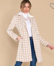 AURA It's A Look Beige Plaid Coat Tie Double Breast Pearl Button M J NWT