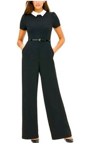 TOMMY HILFIGER Womens Black Belted Short Sleeve Evening Wide Leg Jumpsuit 14