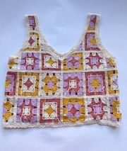 Rebellion Again Women's Crochet Patchwork Tank Crop Top Pink Yellow Purple M