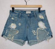 Light Wash Denim High Waisted Distressed Mom Shorts