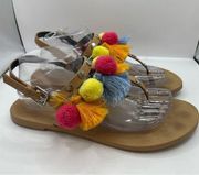 Rebecca Minkoff Estelle Sandal Pom Pom Tassel T Strap Slide Flat Buckle 9.5