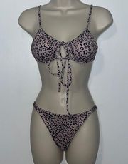 SheIn Leopard Print Tie Front Bikini Set Underwire Top & Matching Bottom Pink S Small