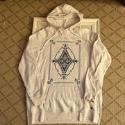 Kendall and Kylie oatmeal hooded sweatshirt w crossover neck and blue design M