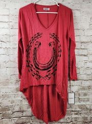 Lauren Moshi Elyse Shirt Red Size XS High Low Long Sleeve V Neck NWT Oversized