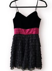 Betsy Johnson Cocktail Party Dress Velvet Silk Black Pink Belt Tie Size 8 Lined