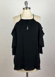 Parker Black Cold Shoulder Ruffle Silk Blouse