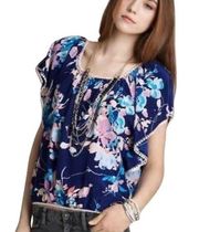 Yumi Kim Women Blue Butterfly Sleeves Banded Hem Floral Pattern Cabo Size Small