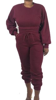 3 Piece Cropped Pullover, Jogger & Bodysuit Set - BURGUNDY