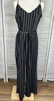 MIND CODE Sleeveless Jumpsuit Black w White Stripes-Large