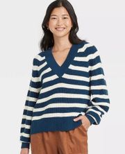 A New Day Blue & White Striped V-neck Knitted Nautical Baggy Sweater