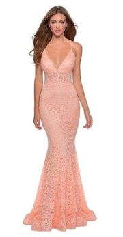 LA FEMME Corset Waist Long Sequin-Lace Prom Dress in Peach Size US 8