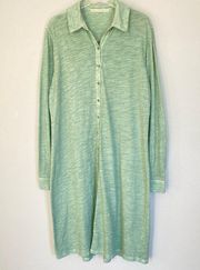 Peruvian Connection Dress Large Green Lagos Button Front Long Sleeve Shirtdress