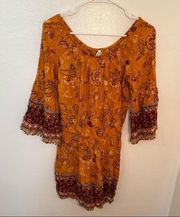 Mudd Off Shoulder Romper Mustard Floral Paisley