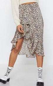beige and white leopard print asymmetric midi skirt frill hem never worn