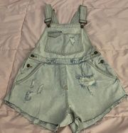 Denim Light Wash Distressed Overall Shorts Romper, size 8