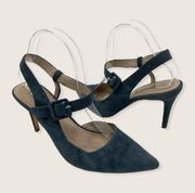 Jycye Blue Suede Adjustable Ankle Strap Stiletto Heeled Pump 9